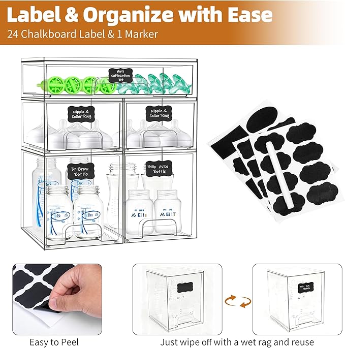 Baby Bottle Organizer, 5 Pack Stackable Storage Drawers with Labels, Clear Station Organizers Container for Pacifiers, Pump Parts, Desk Organizer Bins for Bathroom, Cabinet, Pantry, Vanity, Countertop