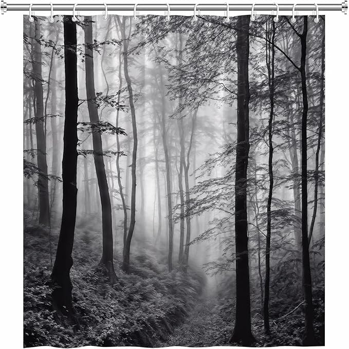 Misty Forest Shower Curtain Black White Foggy Nature Landscape Grey Fantasy Fog Tree Rustic Farmhouse Outdoor Bath Curtain with Hook 35Wx70H Inch