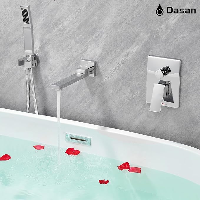 DASAN Swiveling Wall Mount Tub Filler Faucet Set with Hand Held Shower, Chrome Modern Creative Bathtub Faucet Wall Mounted Bath Tub Faucet with High Flow Rough in Valve, SA-TF05WH-PC