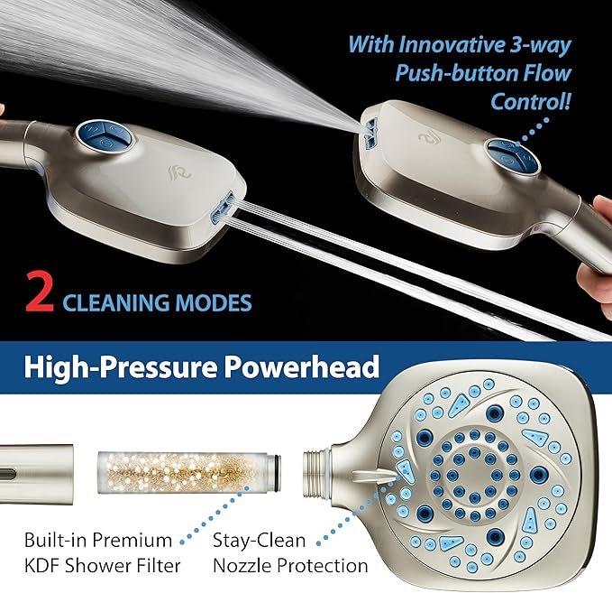 AquaCare High Pressure 10 Spray Mode Filtered Showerhead - Handheld Shower Head Filters Chlorine to Heal Dry Skin, Revive Hair - Dual Power Wash Cleans Tub, Tile, Pets - Hard Water Softener, Nickel