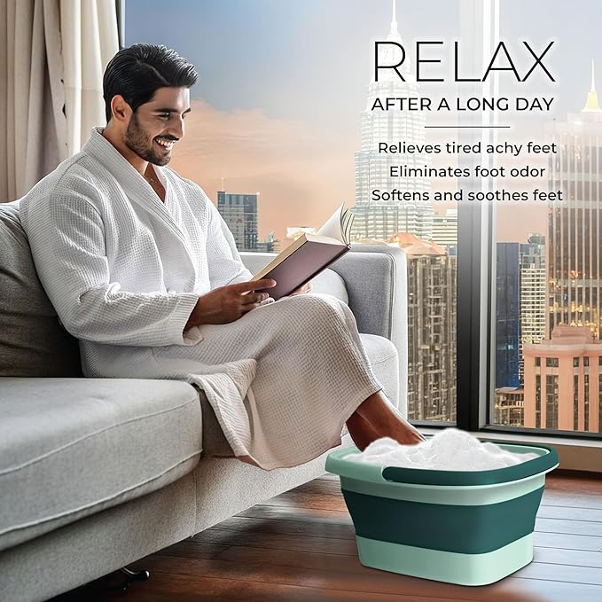 Mantello Collapsible Foot Bath Foot Soaking Tub | Portable Foot Spa Pedicure Bowl | Large Basin to Soak & Wash Feet | Folding Bucket with Carry Handle | White & Grey, Blue, Green [Green]