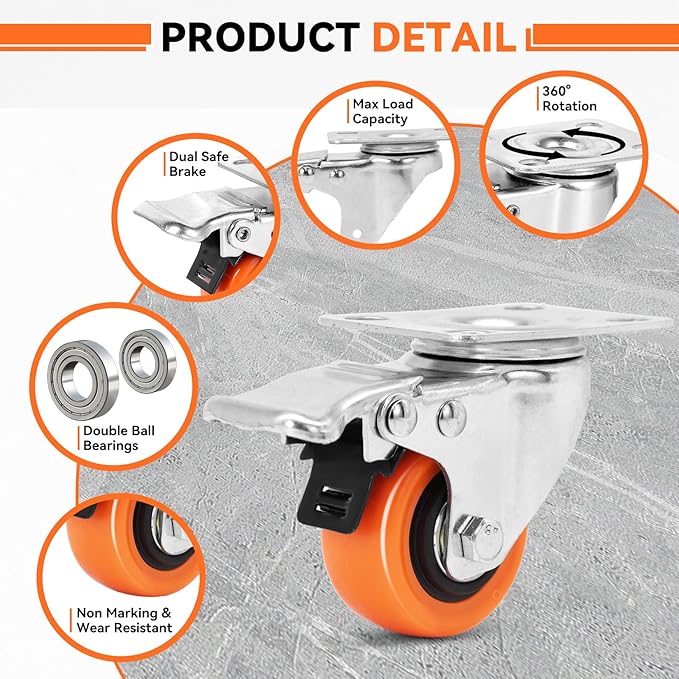 WBD 2" Plate Caster Wheels Set of 8, Heavy Duty Casters - Image 4