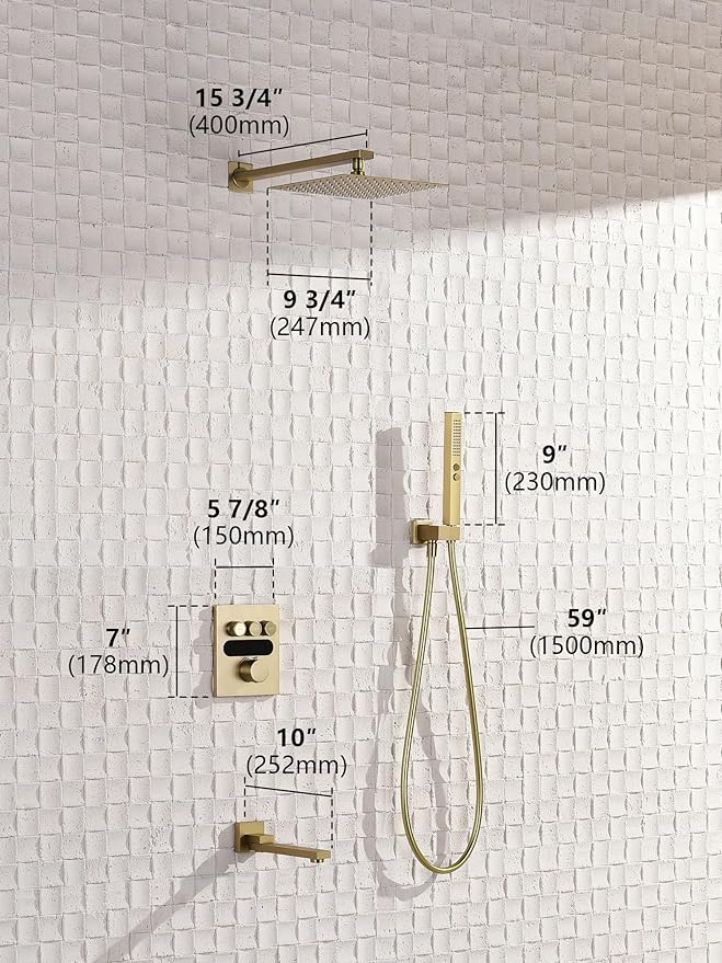 Lefton Shower System in Fahrenheit Display (Battery-free), 10” Overhead Shower Head with All-in-one Handheld Spray Showerhead and Bathtub Faucet, 4-in-1 Control System, SSWM2502 (Brushed Gold)