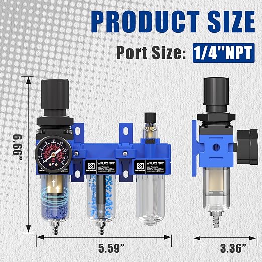 NEWPO 1/4" NPT Compressed Air Filter Regulator Lubricator Combo, Water/Oil Trap - Image 2