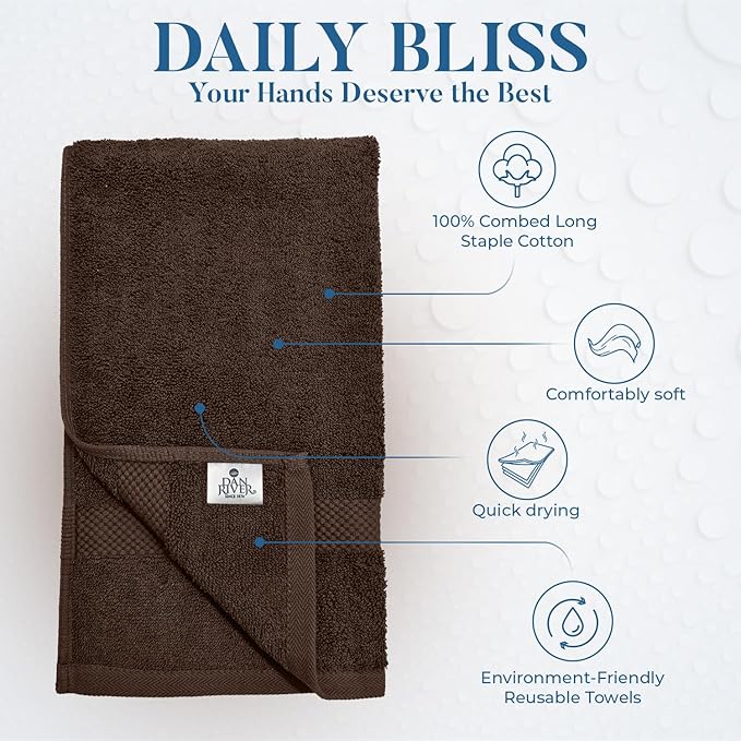 DAN RIVER 6-Pack Premium Hand Towels (16x28 Inches) - 100% Cotton, Ultra Soft, Lightweight, Highly Absorbent Towels for Bathroom, Spa, Gym, Salon, Hotel, and Travel - 550 GSM – Brown