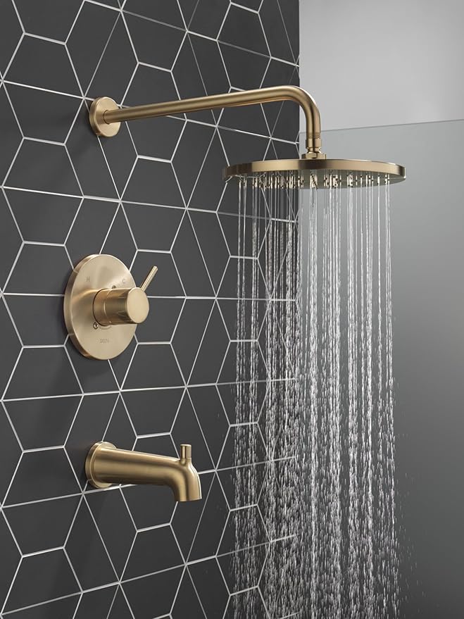 Delta Faucet Modern Raincan Round Single-Function Tub and Shower Trim Kit Gold, Tub Faucet Set, Rainfall Shower Head Gold, Delta Shower Kit, Champagne Bronze T14469-CZ-PP (Valve Not Included)