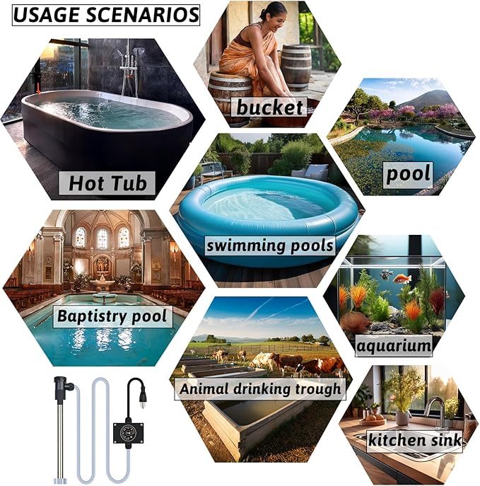 2000W Immersion Water Heater Portable Electric Hot Tub & pool Fully Submersible Water Heater with Temp Control for Bathtub, Bucket, inflatable pool, above ground pool, baptistry & spa tub