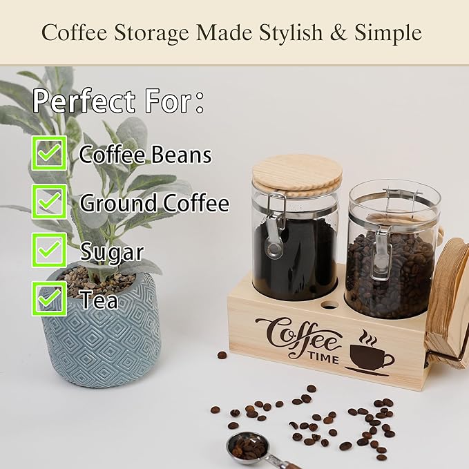 Glass Coffee Canister Set with Shelf & Spoon 2 Piece Coffee Containers - Image 5