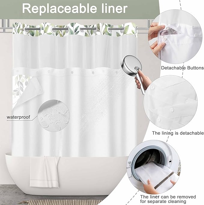 No Hook Shower Curtain and Liner Set, Sage Green Eucalyptus Floral Shower Curtains for Bathroom, Bath Curtain Sets with Snap in Liner, Waterproof with See Through Top Window, 71x84 Inches