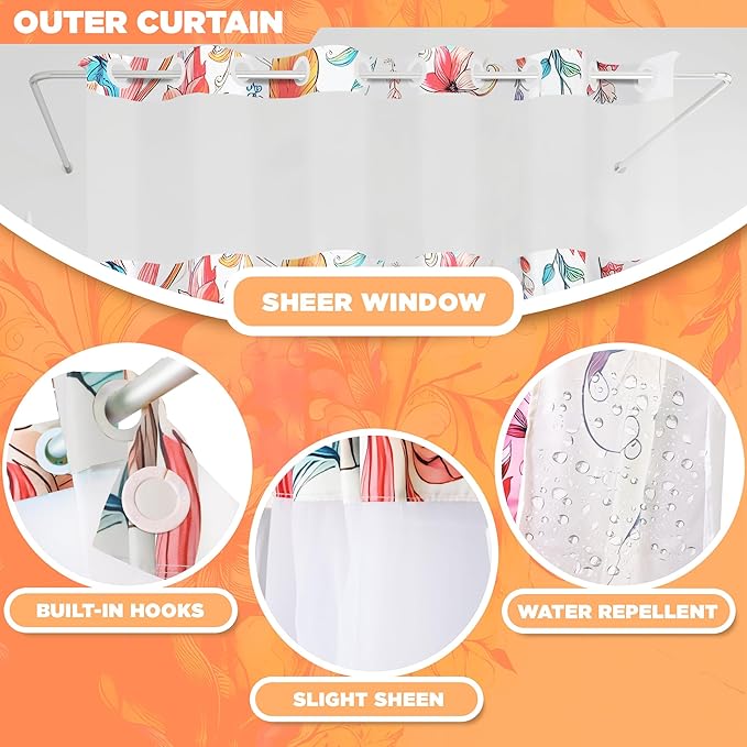 Hookless Shower Curtain with Snap-in Liner Set, Floral, Vibrant Watercolor Fabric, See Through Sheer Window, Washable, 3 Magnet Weights, No Hook, Waterproof, Boho Farmhouse, Standard Size