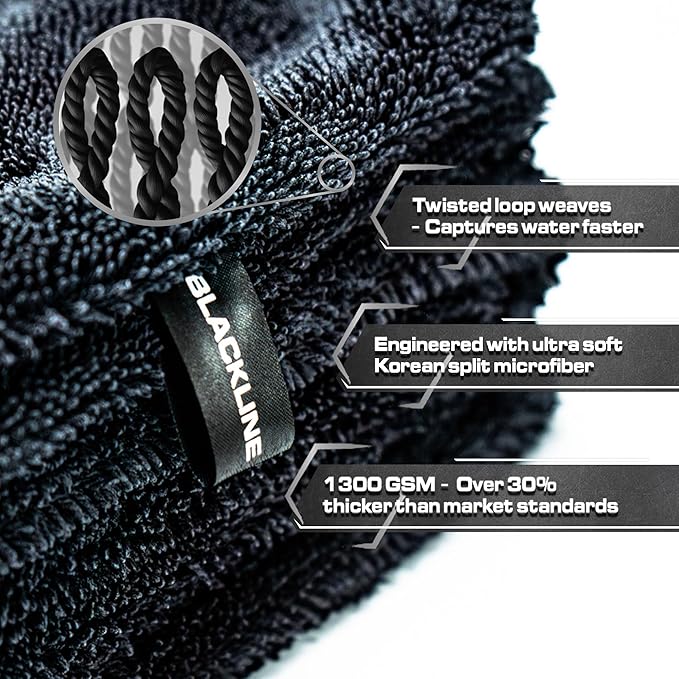 Blackline 24"x36" Twisted-Loop Car Drying Towel, 1300GSM, Streak Free, Lint Free, Reusable - Car Accessories, Microfiber Cleaning Cloth for Car, Truck, SUV - One Pass is All You Need