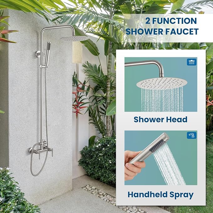 gotonovo Outdoor Shower Fixtures SUS304 Stainless Steel Rain Shower Kit Faucet High Pressure Wall Mount 2 Dual Function 8 Inch Showerhead and Handheld Spray Combo, Double Lever Handle, Brushed Nickel