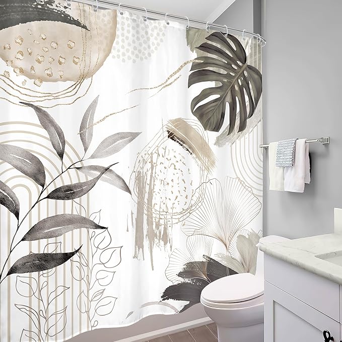 Gray Boho Shower Curtain 72Wx72H Tropical Palm Leaves Bohemian Botanical Abstract Modern Mid Century Bathroom Decor Geometric Plant Minimalist Gray Bath Curtain Fabric Polyester 12 Pack Hooks