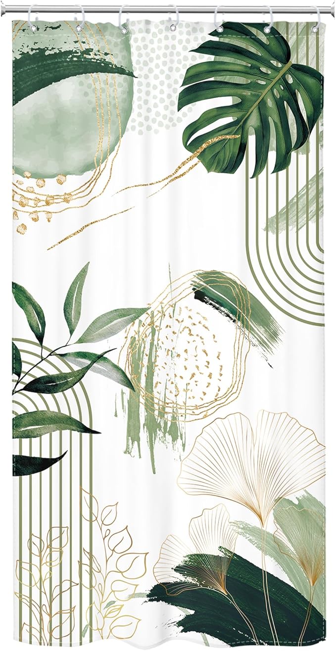 Small Stall Boho Shower Curtain 36Wx72H RV Sage Green Modern Mid Century Bohemian Abstract Palm Leaves Tropical Bathroom Decor Half Narrow Standing Bath Curtain Fabric Polyester 7 Pack Hooks