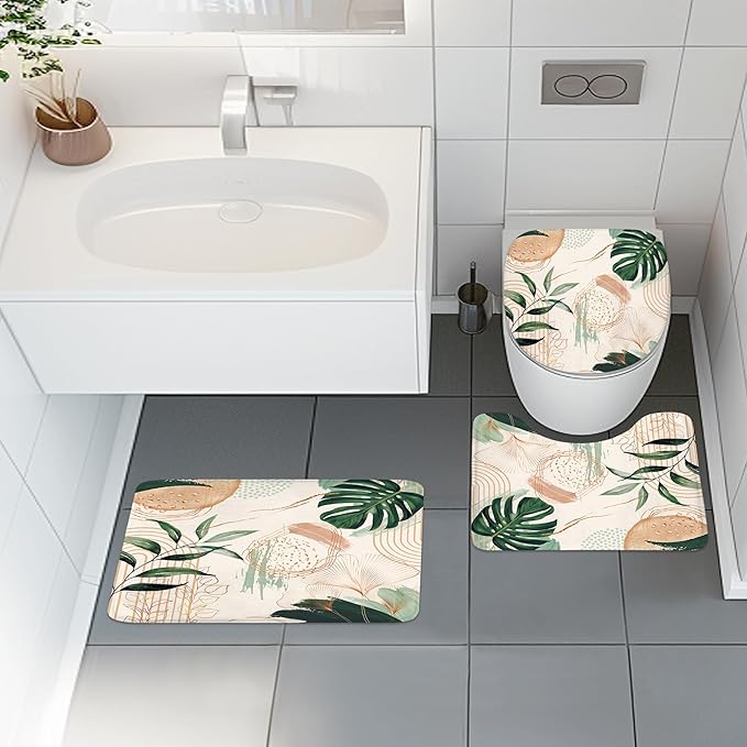 4 PCS Boho Shower Curtain Set 72Wx72H, Non-Slip Bath Rug Toilet Lid Cover and U Shape Mat Green Modern Tropical Palm Leaves Complete Bathroom Set Accessories with 12 Hooks Bathroom Decor