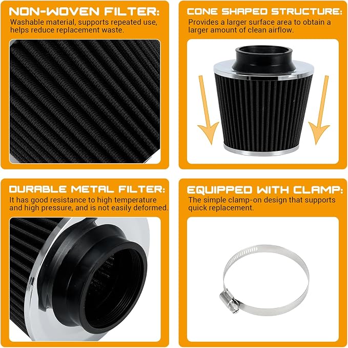 PTNHZ Universal Black 3" 76mm High Flow Cold Air Intake Cone Air Filter Power - Image 3