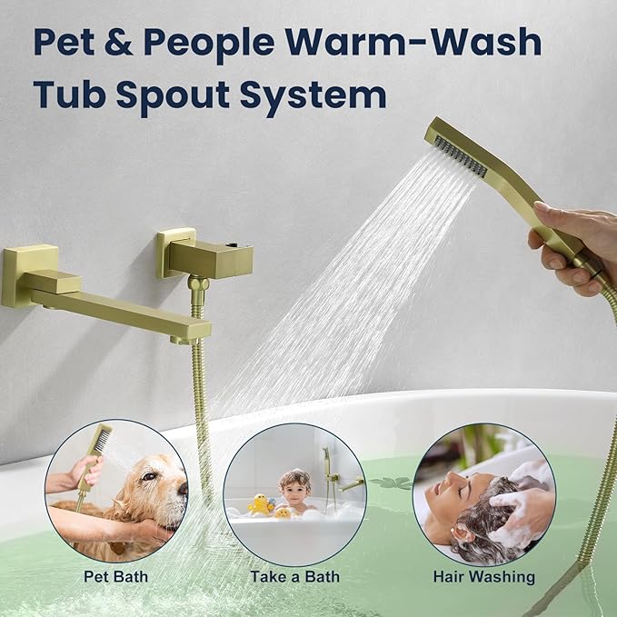 Wall Mount Bathtub Faucet Set Included 180°Swivel bathroom Tub Filler faucets and handheld Shower，high Flow Tub Spout with Solid Brass Push-button Diverter Pressure Balance Valve,Brushed Gold