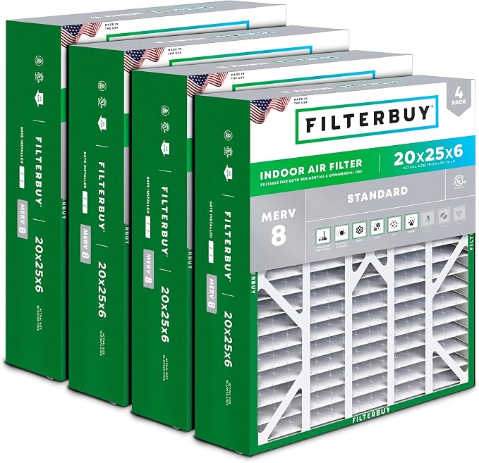 Filterbuy 20x25x6 Air Filter MERV 8 Essential Dust & Allergy Defense, Pleated by Filterbuy