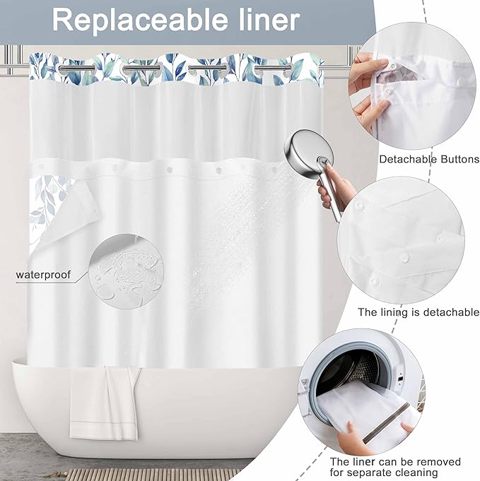 No Hook Shower Curtain and Liner Set, Blue Eucalyptus Floral Shower Curtains for Bathroom, Bath Curtain Sets with Snap in Liner, Waterproof with See Through Top Window, 71x84 Inches