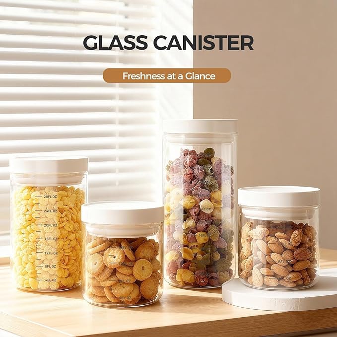 Danbark Set of 3 42oz Airtight Glass Storage Canisters with Lids - Pantry Organizers and Storage Glass for Kitchen - for Pantry, Flour, Sugar, Coffee, Tea, Pasta, Rice, and Snacks - White