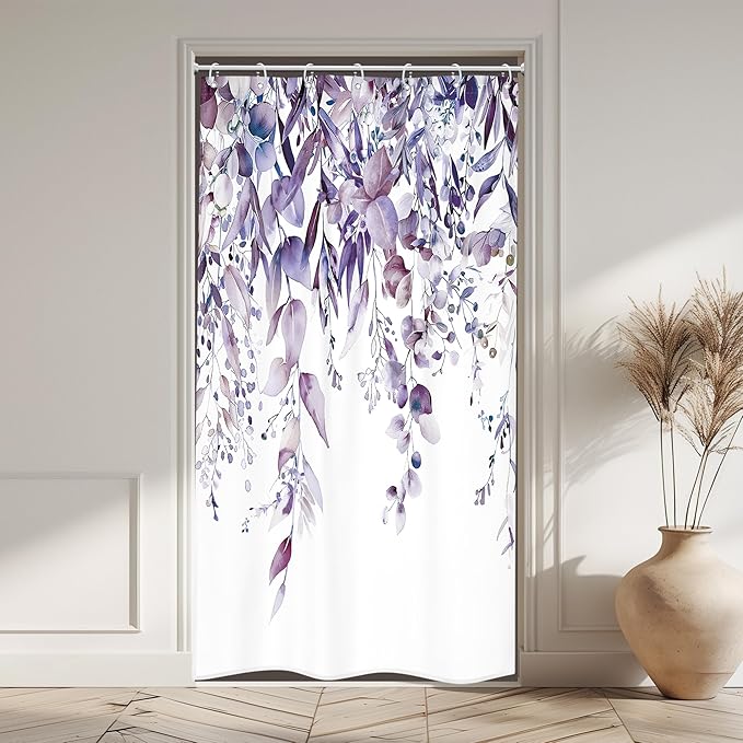 Riyidecor Small Stall Rv Narrow Single Shower Curtain for Bathroom Decor 36Wx72H Stand Up Half Purple Eucalyptus Plants Leaves Botanical Art Printed Fabric Polyester Waterproof 7 Pack Plastic