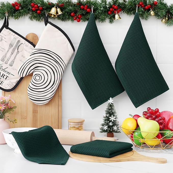 Homaxy 100% Cotton Waffle Weave Kitchen Dish Cloths, Ultra Soft Absorbent Quick Drying Dish Towels, 12 x 12 Inches, 6-Pack, Blackish Green