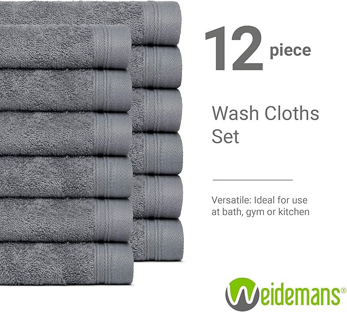 100% Cotton Washcloths Set 13” x 13” | Dark Grey Towels | Set of 12 Ultra Soft and Highly Absorbent Washcloths Sets for Bathroom, Gym, Hotel, Spa | Machine Washable Face Towel