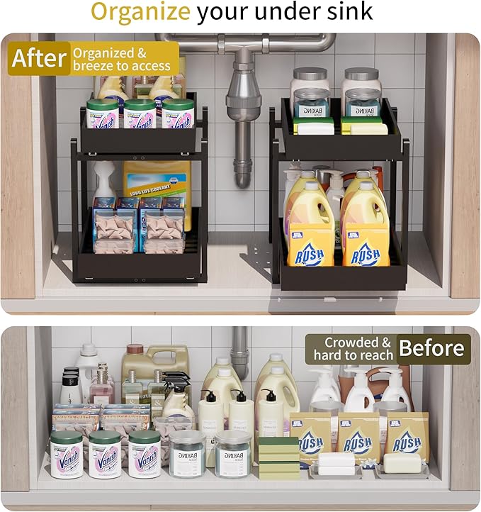 Bamboo Wood Under Sink Organizer 2 Pack, Pull Out Cabinet Organizer 2 Tier Under Sink Organizers and Storage with Sliding Drawer Sturdy Easy Assembly for Kitchen Bathroom Undersink, Black