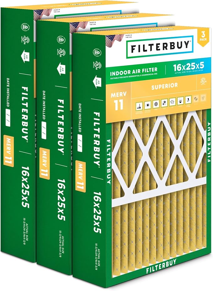 Filterbuy 16x25x5 Air Filter MERV 11 Superior Pet & Allergy Defense, Pleated by Filterbuy