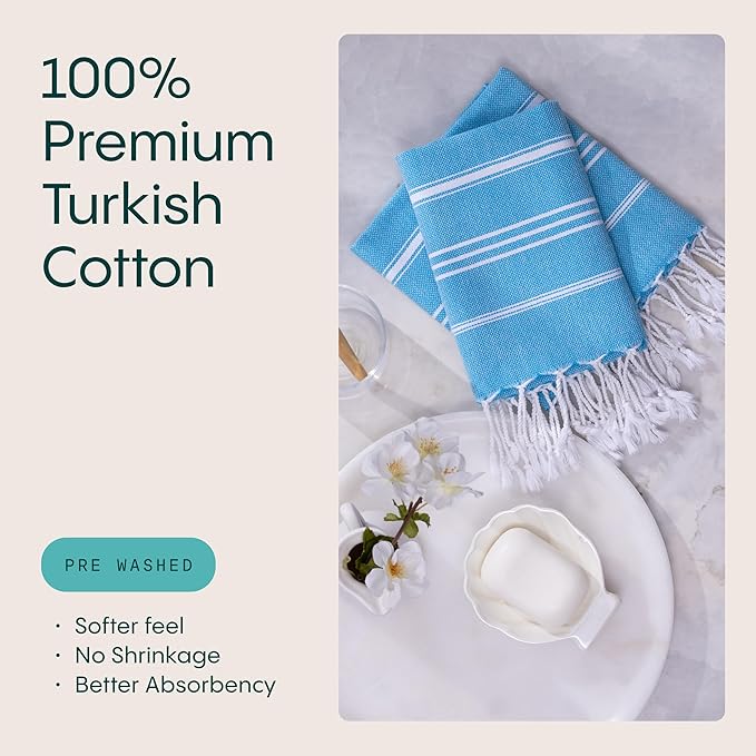 WETCAT Turkish Hand Towels with Hanging Loop, Set of 2 (20" x 30") 100% Turkish Cotton, Pre-Washed, Quick Drying, for Kitchen or Bathroom - Turquoise