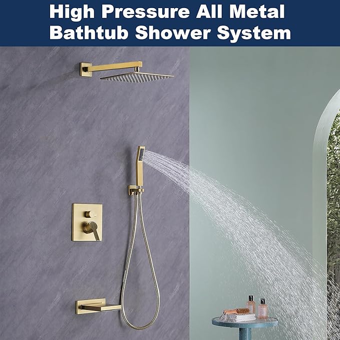 Gold Shower System with Tub Spout, All Metal Bathtub Shower Faucet Set with High Pressure 10 Inch Rain Shower Head and Handheld Shower Head Set, Brushed Gold (Valve Include)