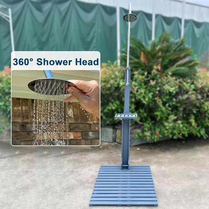 Outdoor Pool Shower Kit Portable Wood Outdoor Garden Pool Shower with Chassis Board for Outdoor Backyard Poolside Beach Spa,Gray