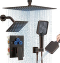 Shower Faucet Set, 12" Ceiling Mount Rainfall Shower System with 2 Rain Shower Head and Multi-function Handheld Head Push Button Diverter Shower Faucet Trim Kit (12", Oil Rubbed Bronze)