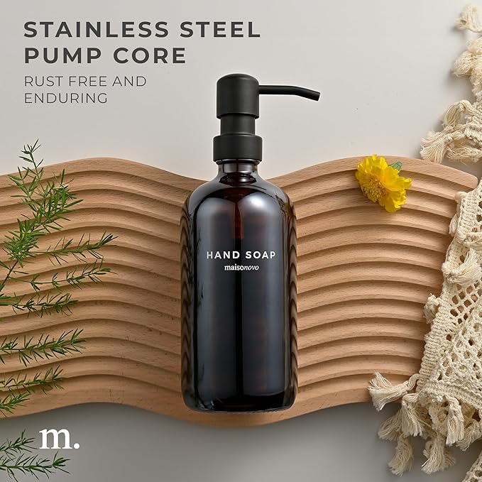 MaisoNovo Soap Dispenser 1-Piece Set | 16.9oz Amber Bottles with Black Stainless Steel Pump