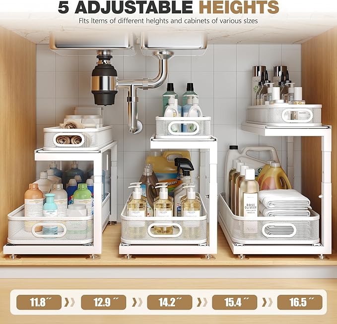 2-Pack 18.5 IN Depth Under Sink Organizer With Next-Gen Ball-Bearing Slides,Sophisticated Mesh 2-Tier Pull Out Shelf for Kitchen & Bathroom,Fits Small Items-Gun Gray