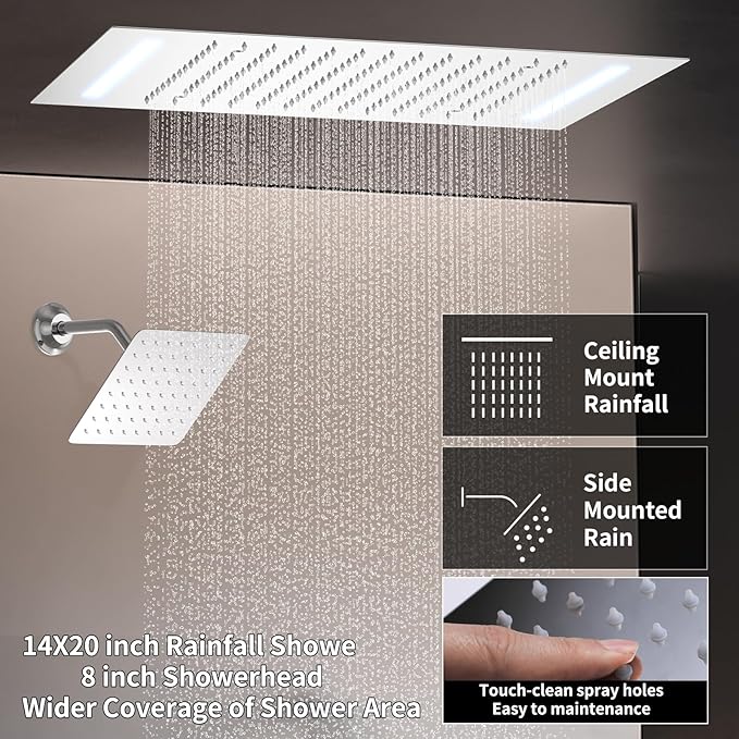 Shower System Chrome Shower Faucet Set with 14X20 inch Ceiling Mount Shower Head and 8 inch Wall Mount Shower Head, Handheld Shower, with Temperature Display Function