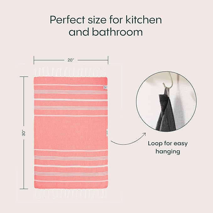 WETCAT Turkish Hand Towels with Hanging Loop, Set of 2 (20" x 30") 100% Turkish Cotton, Pre-Washed, Quick Drying, for Kitchen or Bathroom - Dark Coral