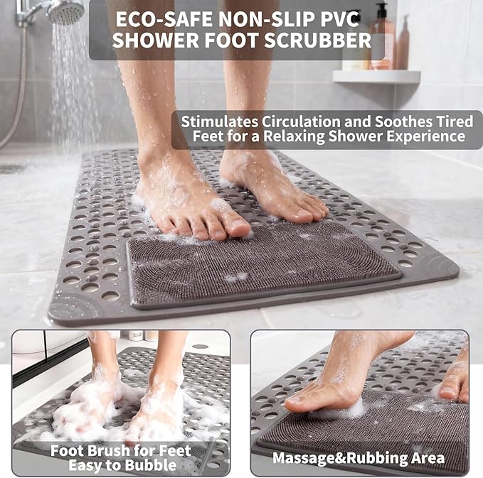Bath Tub Shower Mat with Soft Shower Foot Scrubber Mat for Massage,Non Slip Bathtub Mat with Strong Suction Cups, Silicone Shower Foot Scrubber Mat (Gray, 27.5" X 15.7"(Rectangular))