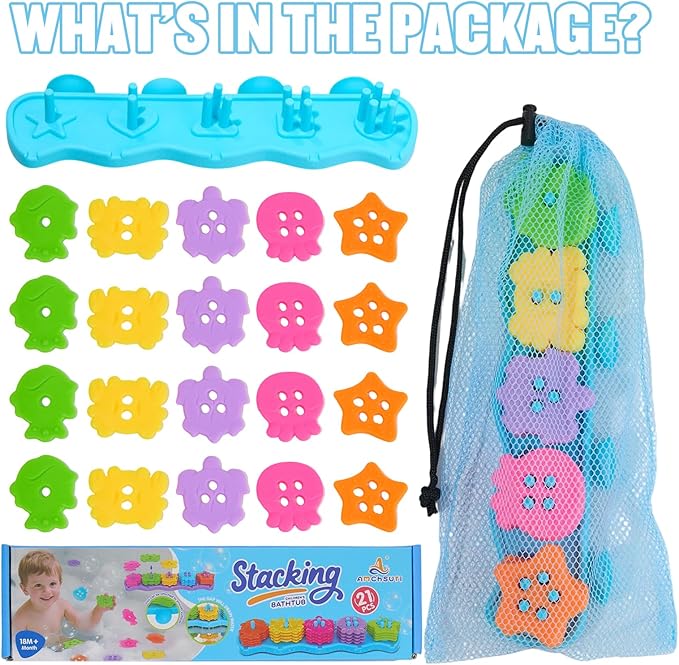 Bath Toys for Kids Ages 1-3 Mold Free Bath Toys Color and Shape Sorting & Stacking Toys with 21 Soft Rubber Floating Pieces for Babies 18+ Months, Early Learning Educational Bathtub Toddler Toys