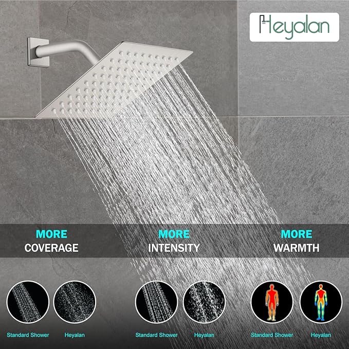 Heyalan 8 Inch Shower Head and Handle Set Square Shower Faucet Set Bathroom Rainfall Shower System Stainless Steel Showerhead Single Function Shower Trim Kit,Female Thread Valve,Brushed Nickel