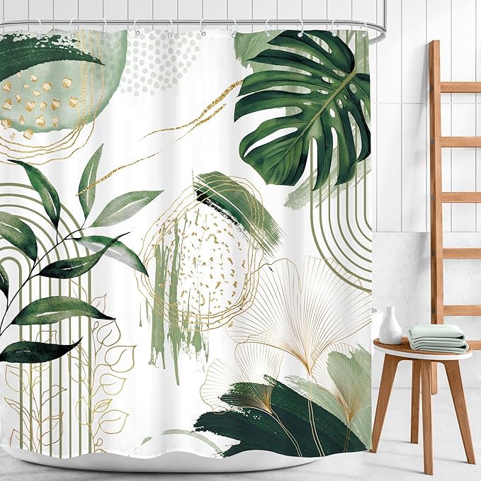 Green Boho Shower Curtain 60Wx72H Sage Green Bohemian Modern Abstract Tropical Palm Leaves Plant Mid Century Bathroom Decor Minimalist Geometric Bath Curtain Fabric Polyester 12 Pack Hooks