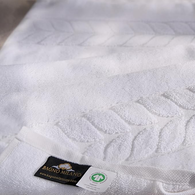 BAGNO MILANO Organic Turkish Cotton Bath Towels, Luxury Jacquard Collection, Certified Organic Highly Absorbent, Soft-Plush Towel Set (White, 4 Pcs Hand Towel Set)