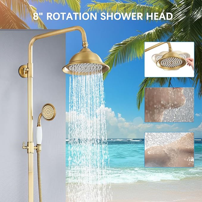 Antique Brass Shower System Bathroom Shower Faucet Set with 8 Inch Shower Head Handheld Spray and 360 ° Rotation Tub Spout 2 Cross Handles Outdoor Shower Fixtures