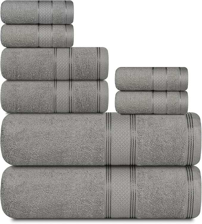 Casa Lino Bath Towel Set of 8 (2 Bath Towels, 4 Wash Cloths & 2 Hand Towels for Bathroom) - 100% Cotton - Highly Absorbent & Quick Dry - Guest Room Essentials for Bathroom Set - (Silver Grey)