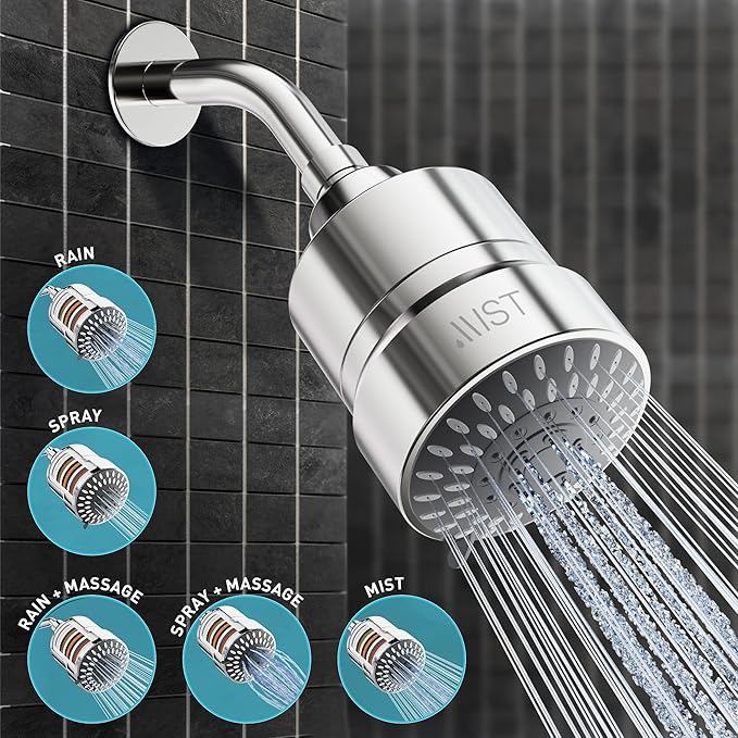 Mist Shower Filter Head for Hard Water Improves Skin, Hair, and Nails - 5 Modes High Output Filtered Shower Head with Filter Softens Water and Removes Chlorine and Heavy Metals, Chrome