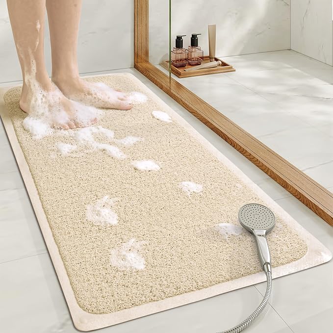Mecko Non Slip Shower Mats, 16x40 Inch, Anti-Slip Bathtub Mats with Suction Cups for Bathroom, Foot Scrubber Loofah Bath Mats for Shower, Quick Drying Shower Stall Mats for Wet Areas (Beige)