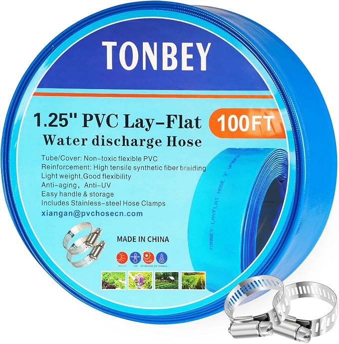1.25" x 100 FT Pool Backwash Hose, Heavy Duty PVC Discharge Hose, Lay Flat by TONBEY