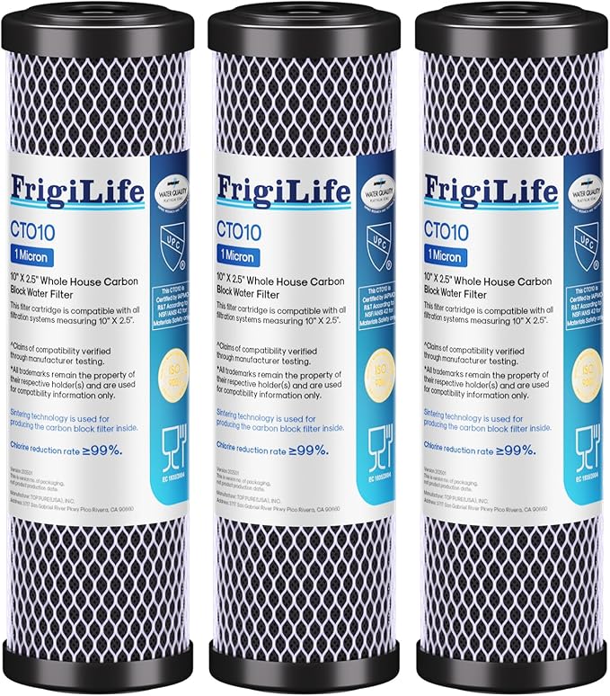 1 Micron 10" x 2.5" Whole House CTO Carbon Sedimen Water Filter Compatible by FrigiLife