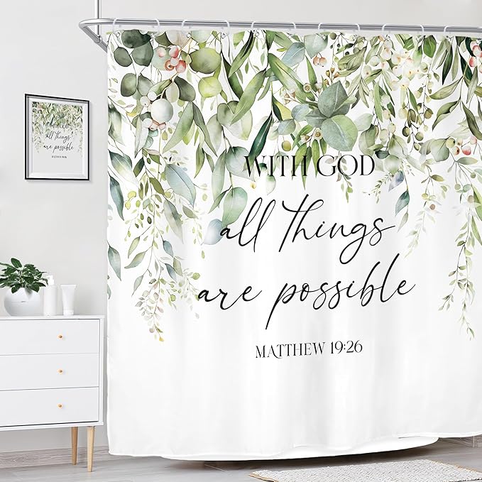 Riyidecor Sage Green Eucalyptus Leaves Shower Curtain for Bathroom Decor 72Wx72H Bible Verse Quotes Spring Floral Botanical Watercolor Art Printed Fabric Polyester Waterproof 12 Pack Metal Hooks