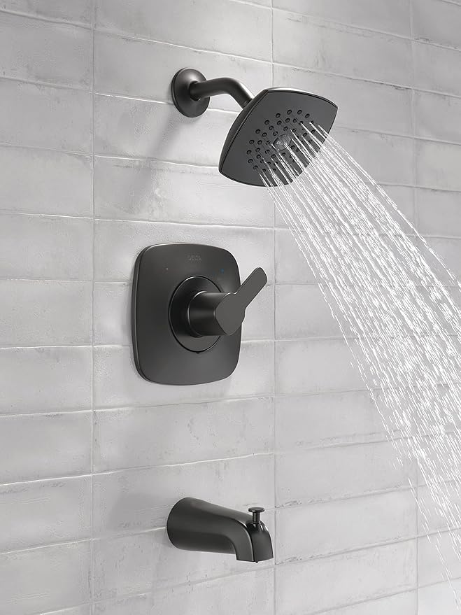 Delta Faucet Modern 14 Series Matte Black Shower Faucet, Tub and Shower Trim Kit with Single-Spray Touch-Clean Black Shower Head, Matte Black T144339-BL-PP (Valve Not Included)